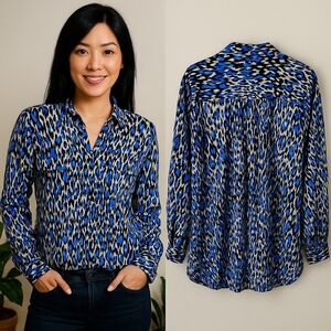 Talbots Nantucket 2X Blue Black Abstract Animal Print Blouse Classic Chic Office